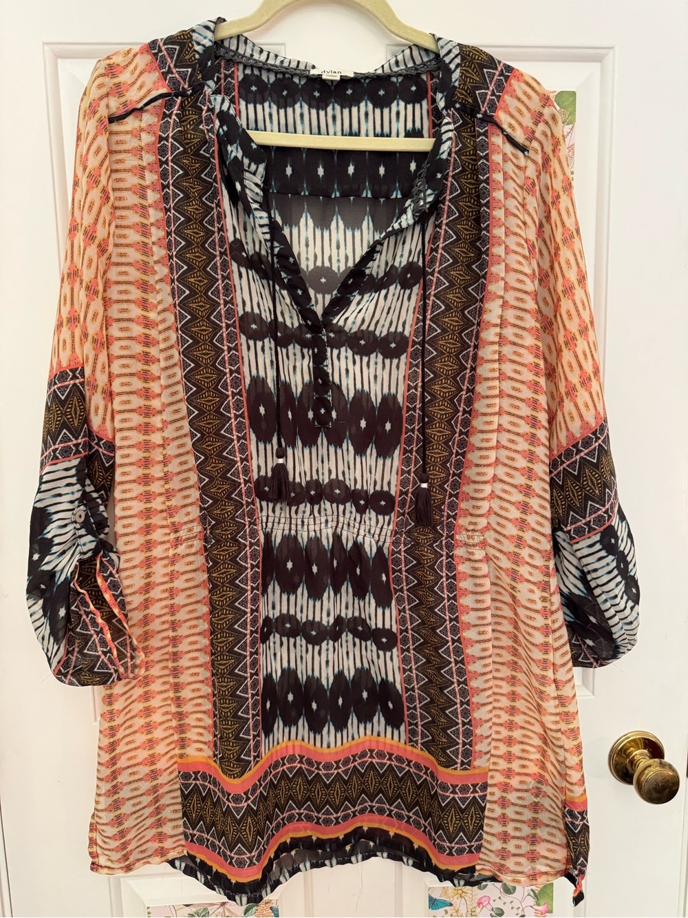 Dylan Boho Printed V-Neck Tunic Top in Peach & Black